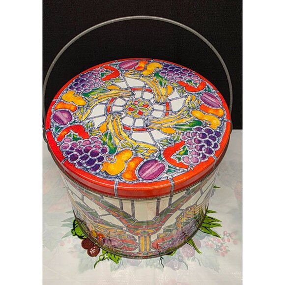 Vintage Tin Container with Fruit and Vegetable Stained Glass Pattern Fall Decor - Picture 2 of 11